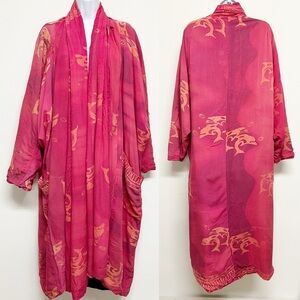 OK Mike Womens Vibrant Pink Dolphin Boho Pocketed Maxi Vintage Kimono Size OS